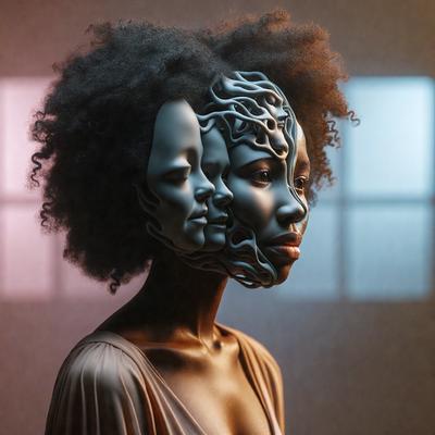 The primary subject of the image is a woman with a unique hairstyle, featuring a mix of black and white hair. She is wearing a dress and has a distinctive appearance. The setting is a room with a window, and the visual style is a combination of photo and digital art. The colors in the image are predominantly black and white, giving the scene a dramatic and artistic atmosphere.